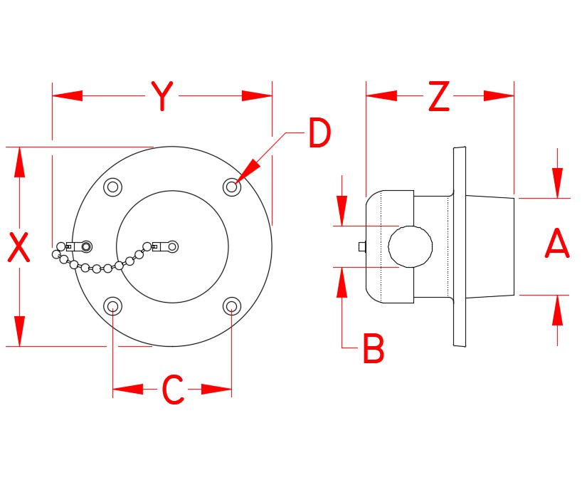 Stainless Steel Rope Deck Pipe with Chain, C3808-0001, Line Drawing